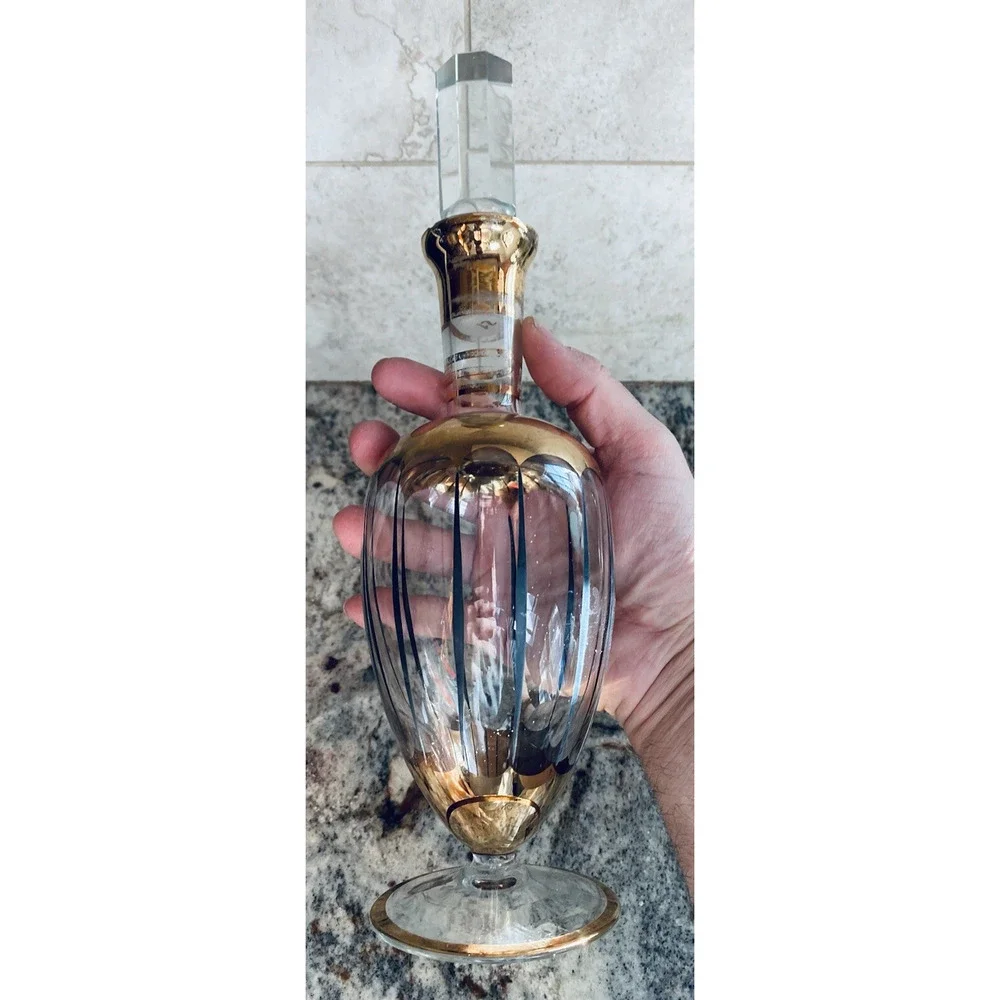Vintage MCM Bohemia Crystal Glass Decanter Gold Black Gorgeous Antique Beautiful